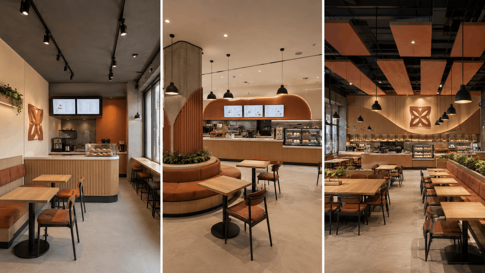 Three outlets of the same café brand with different layouts and configurations but a consistent orange-and-wood material palette